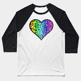 Distressed Dark Rainbow Leopard Print Heart Baseball T-Shirt